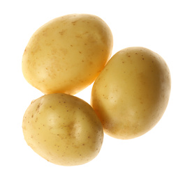 Photo of Fresh raw organic potatoes on white background, top view