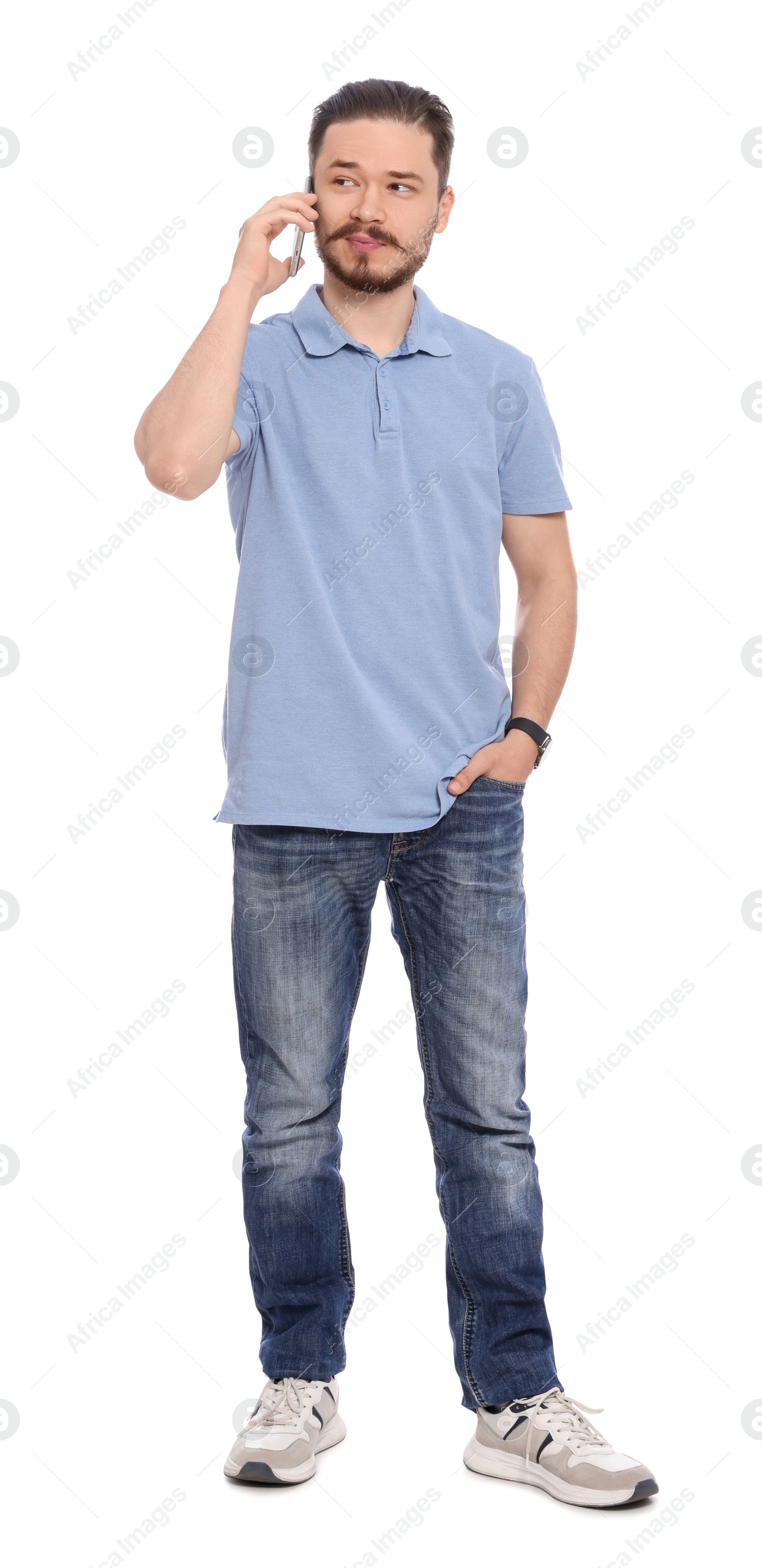 Photo of Happy man talking on phone against white background