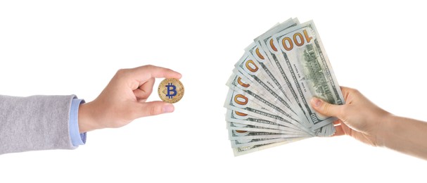 Image of Cryptocurrency exchange. Woman holding dollar banknotes and man with bitcoin on white background, closeup