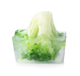 Photo of Fresh broccoli in ice cube on white background. Frozen vegetables