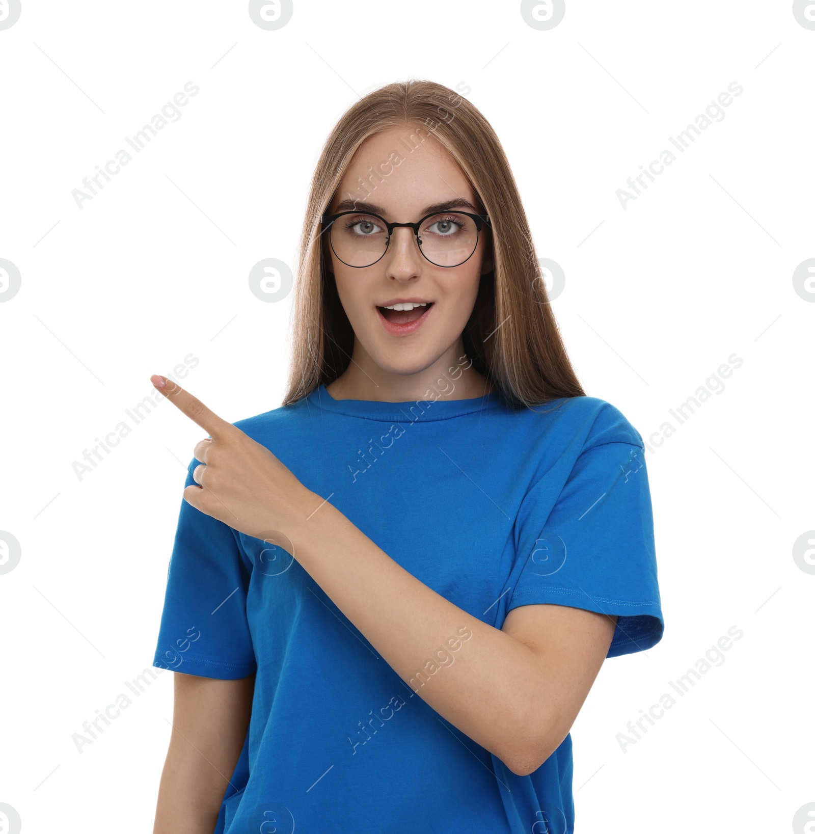 Photo of Special promotion. Emotional woman pointing at something on white background