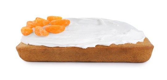 Photo of Delicious homemade yogurt cake with tangerines and cream on white background