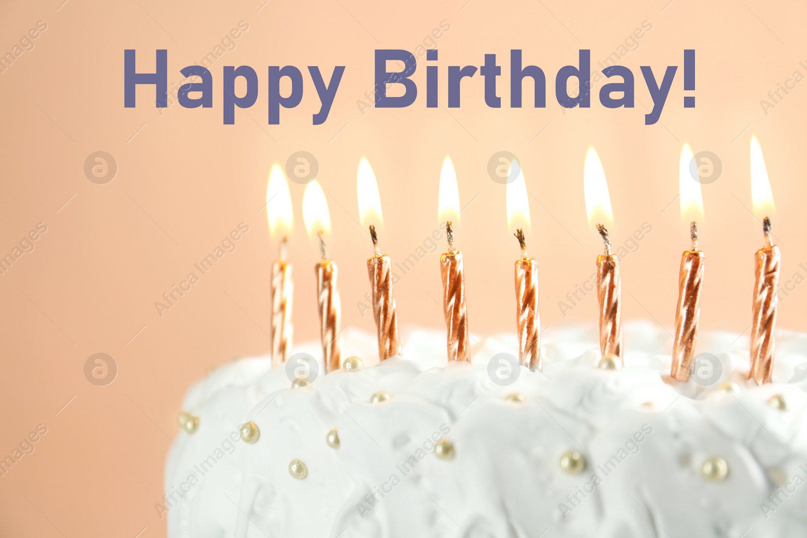 Image of Happy Birthday! Delicious cake with burning candles on beige background, closeup