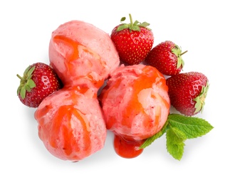 Photo of Scoops of delicious strawberry ice cream with mint, syrup and fresh berries on white background, top view