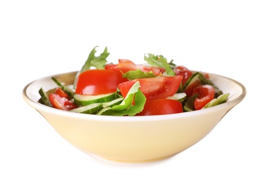 Photo of Delicious fresh cucumber tomato salad in bowl on white background