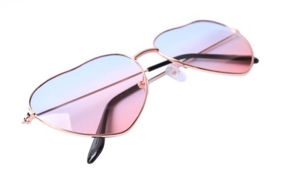 Photo of Heart shaped sunglasses isolated on white. Sun protection