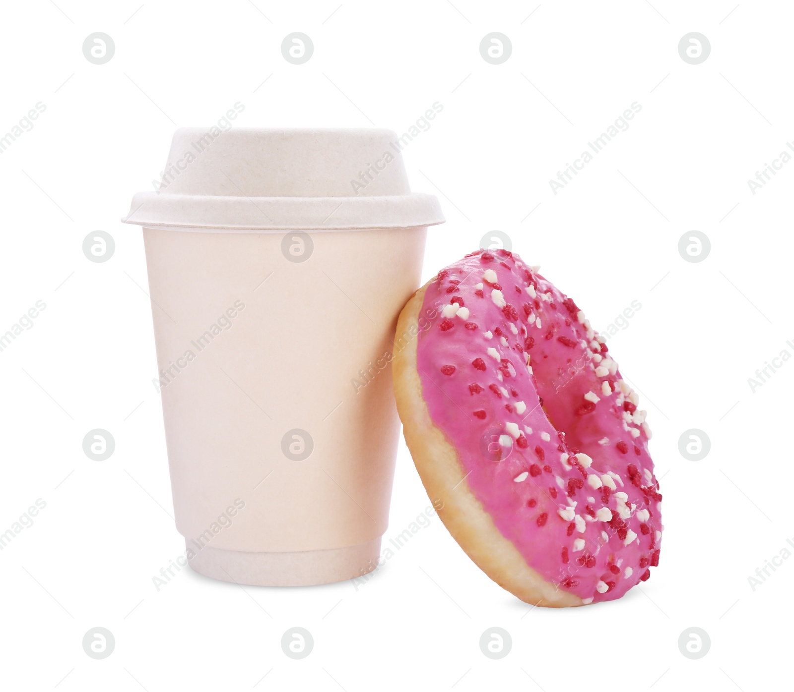 Photo of Tasty fresh donut with sprinkles and hot drink isolated on white