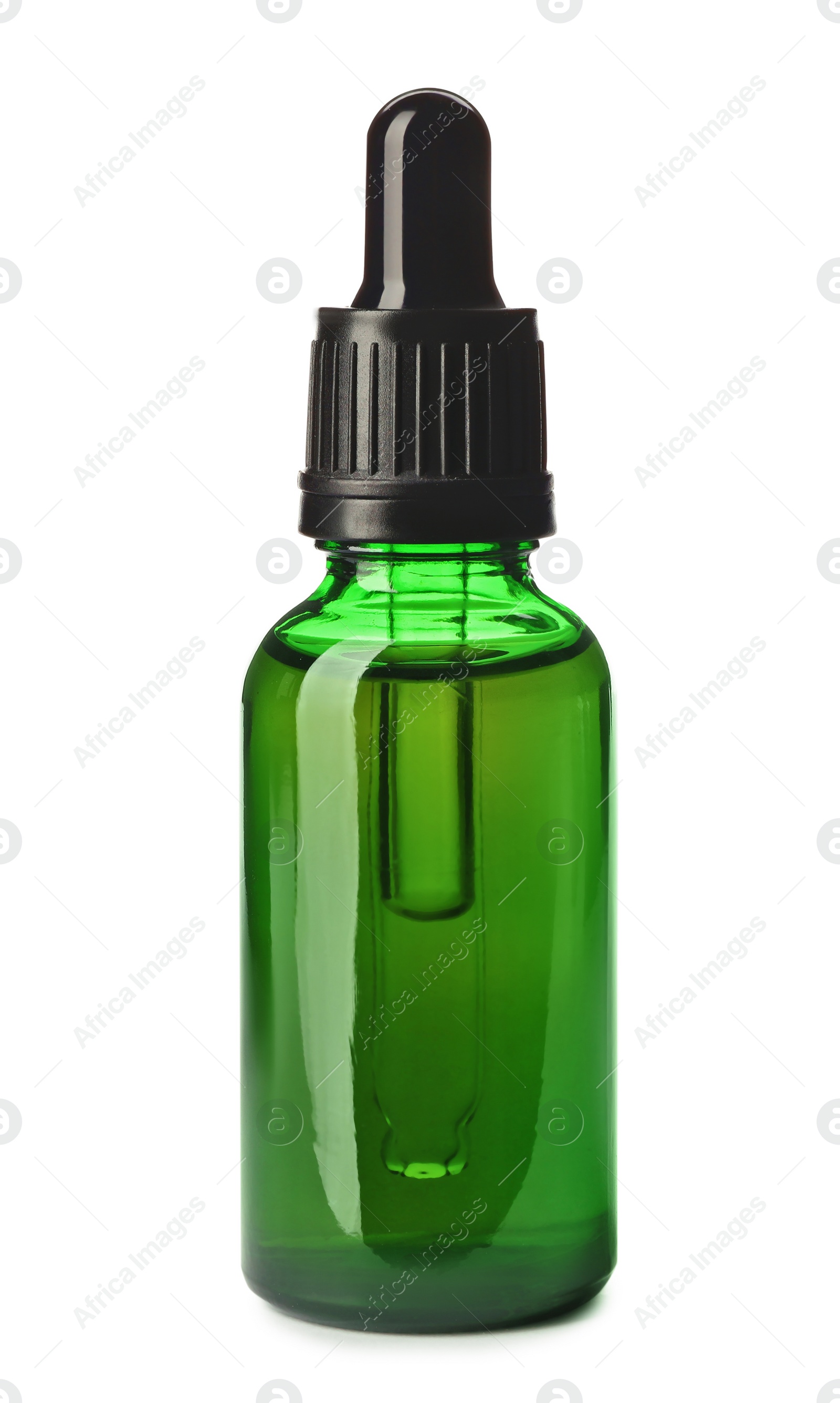 Photo of Cosmetic bottle and pipette with essential oil on white background