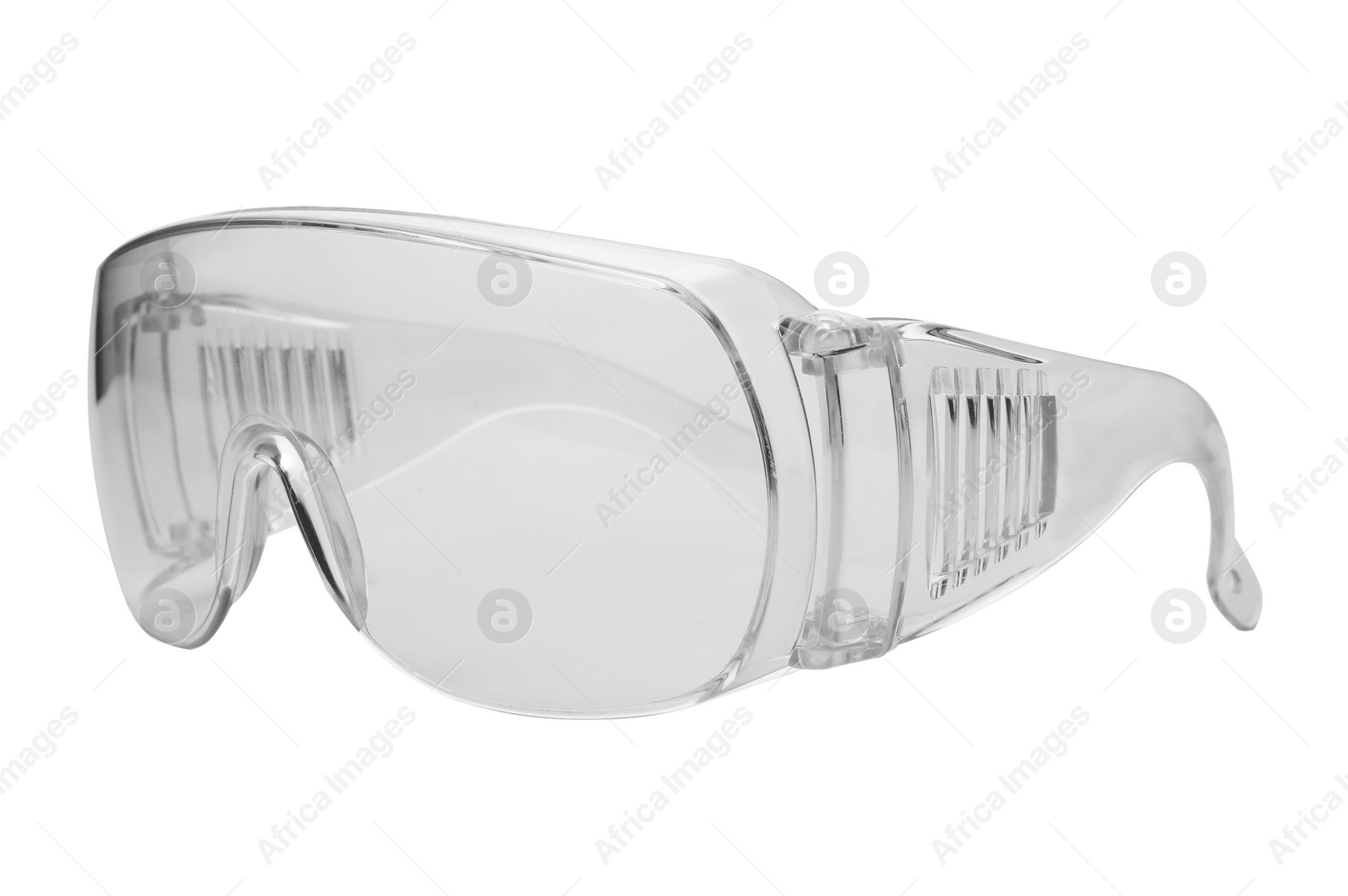 Photo of Protective goggles on white background. Construction tool