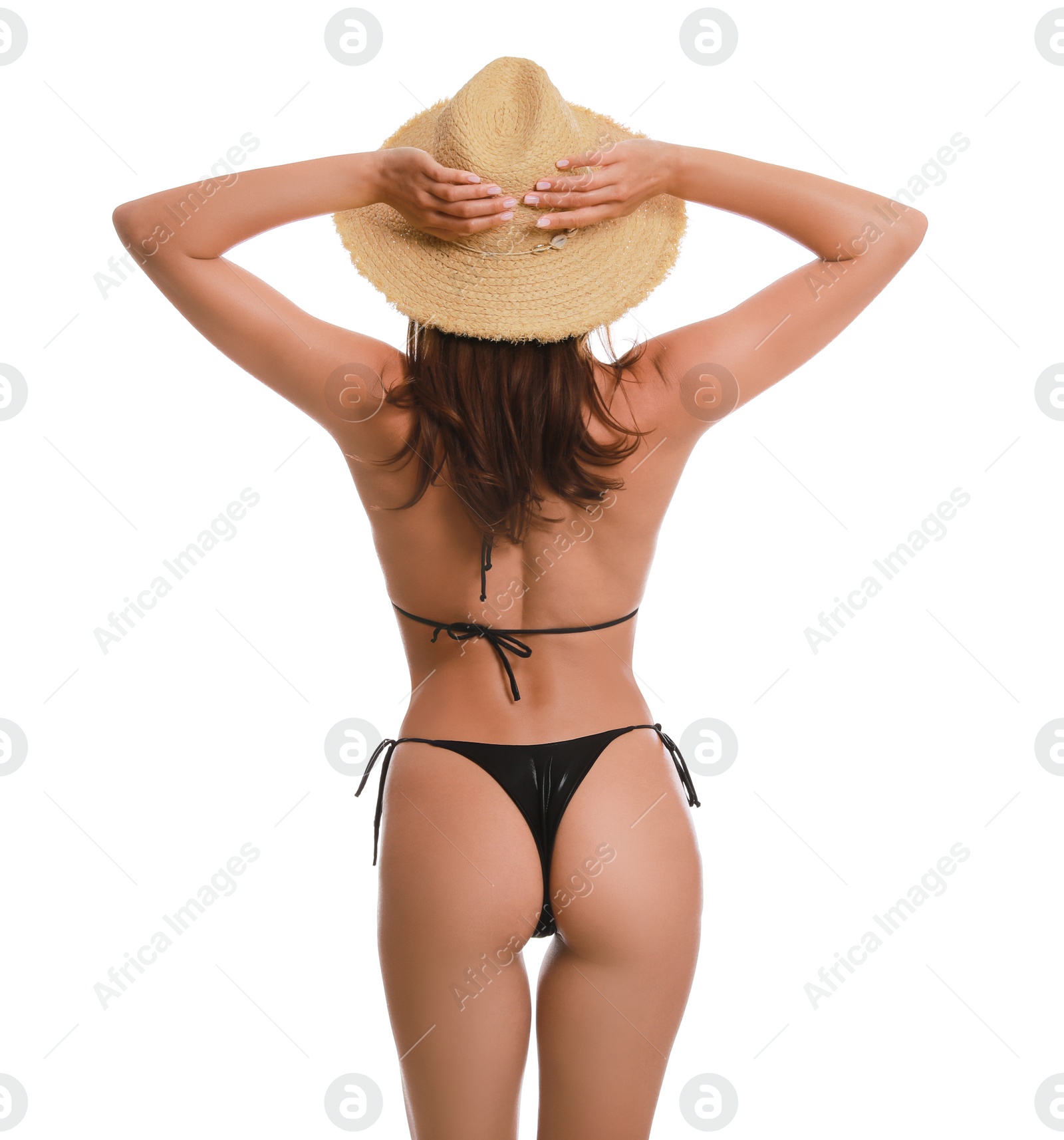 Photo of Beautiful woman in stylish bikini on white background, back view