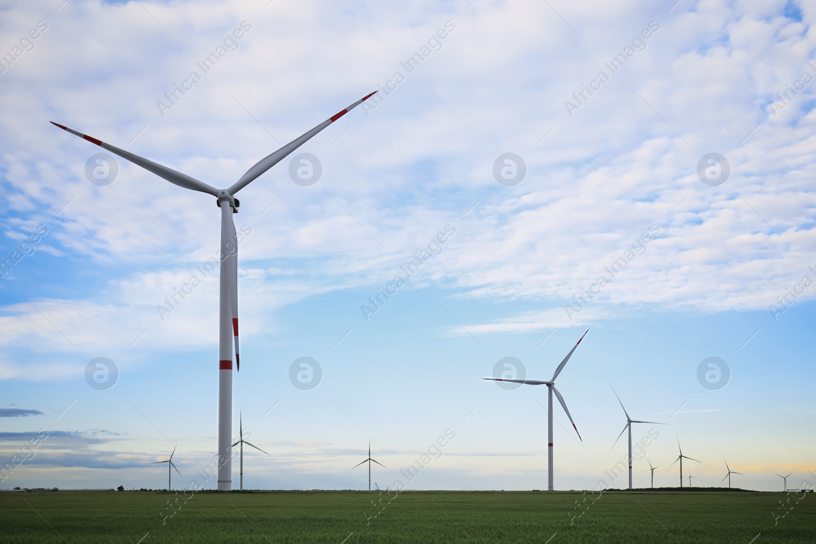 Photo of Beautiful view of field with wind turbines. Alternative energy source