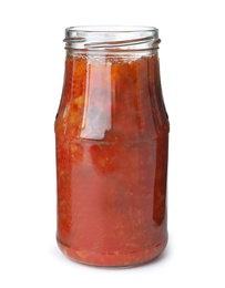 Glass jar with pickled red sauce isolated on white