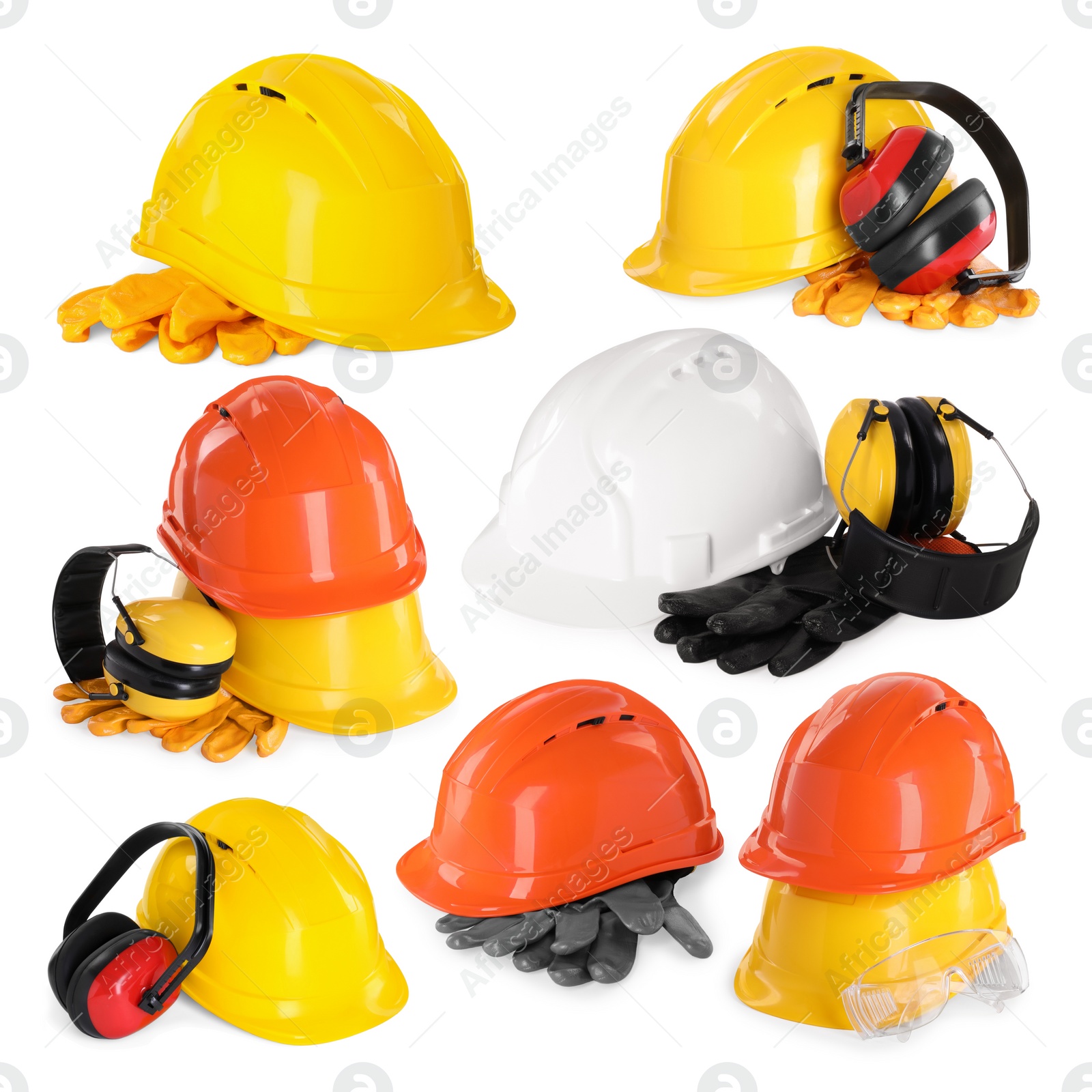 Image of Safety equipment, collection. Hard hats, gloves, protective headphones and goggles isolated on white