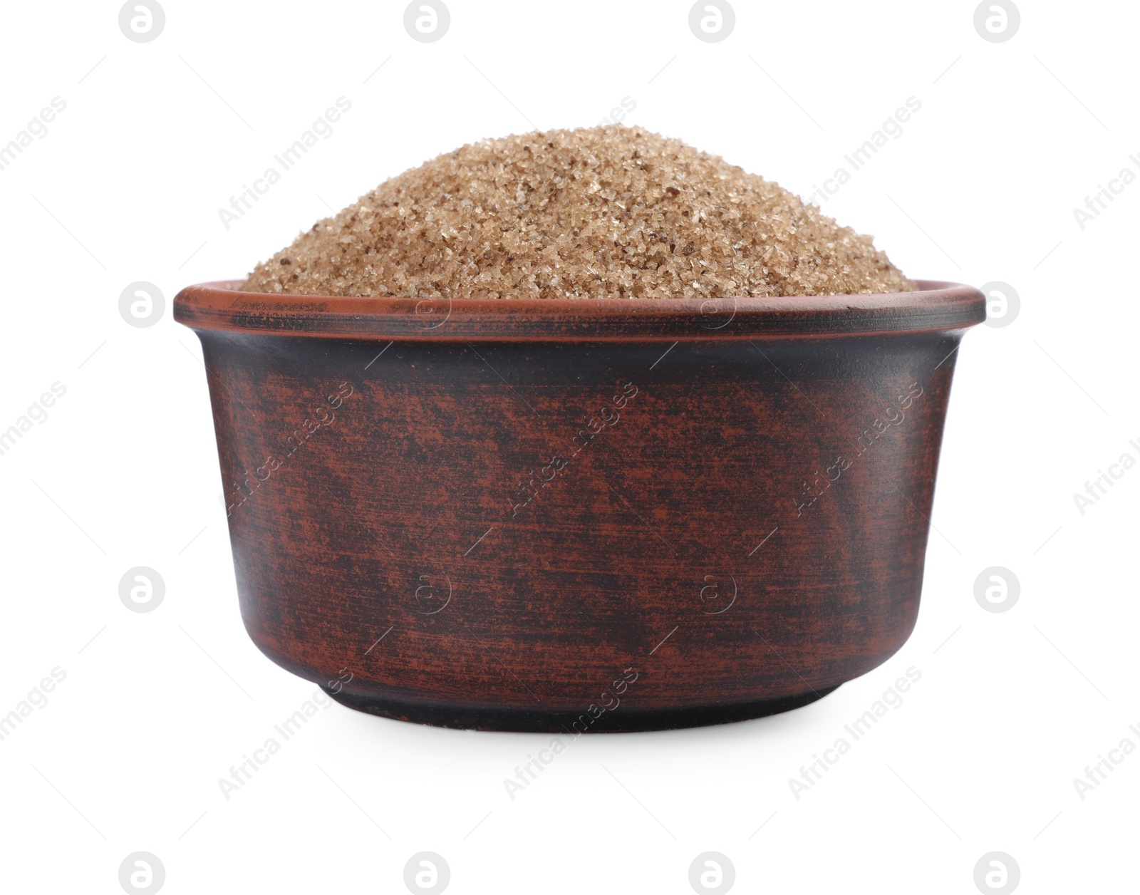 Photo of Brown salt in bowl isolated on white