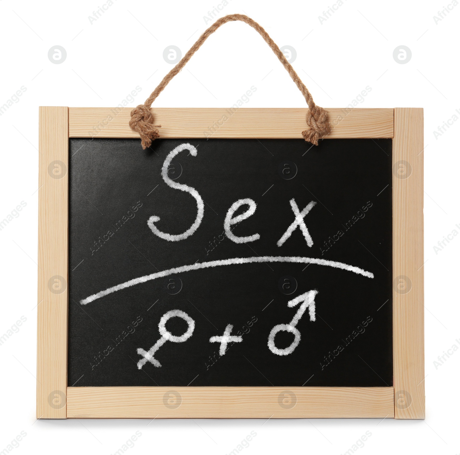 Image of Sexual education. Small black chalkboard with word Sex, female and male gender signs on white background