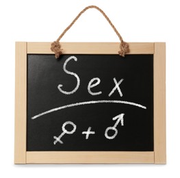 Sexual education. Small black chalkboard with word Sex, female and male gender signs on white background