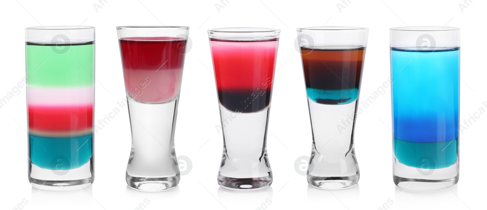 Image of Different shooters in shot glasses isolated on white, set