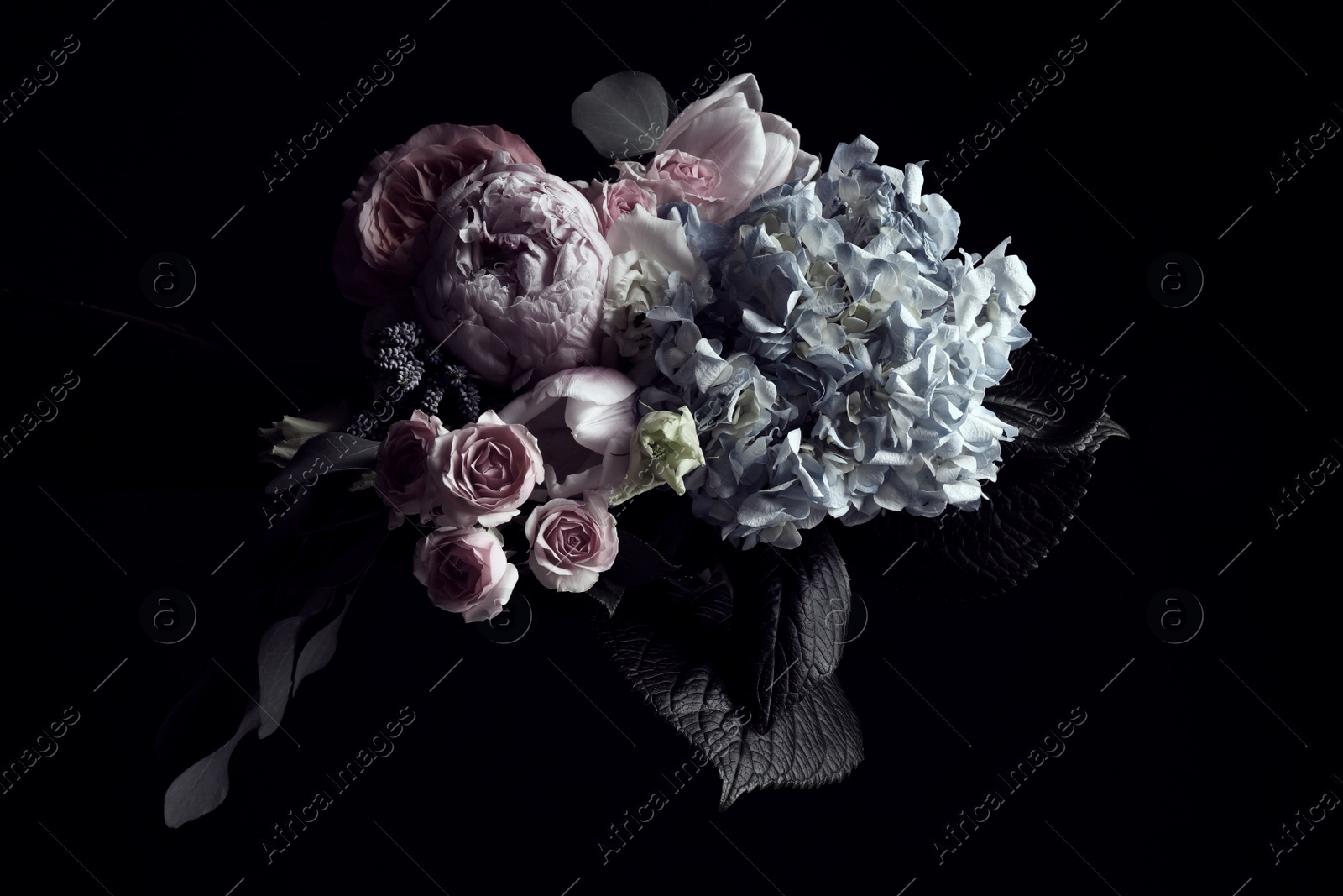 Photo of Beautiful bouquet of different flowers on black background. Floral card design with dark vintage effect