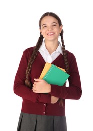 Teenage girl in school uniform with books on white background