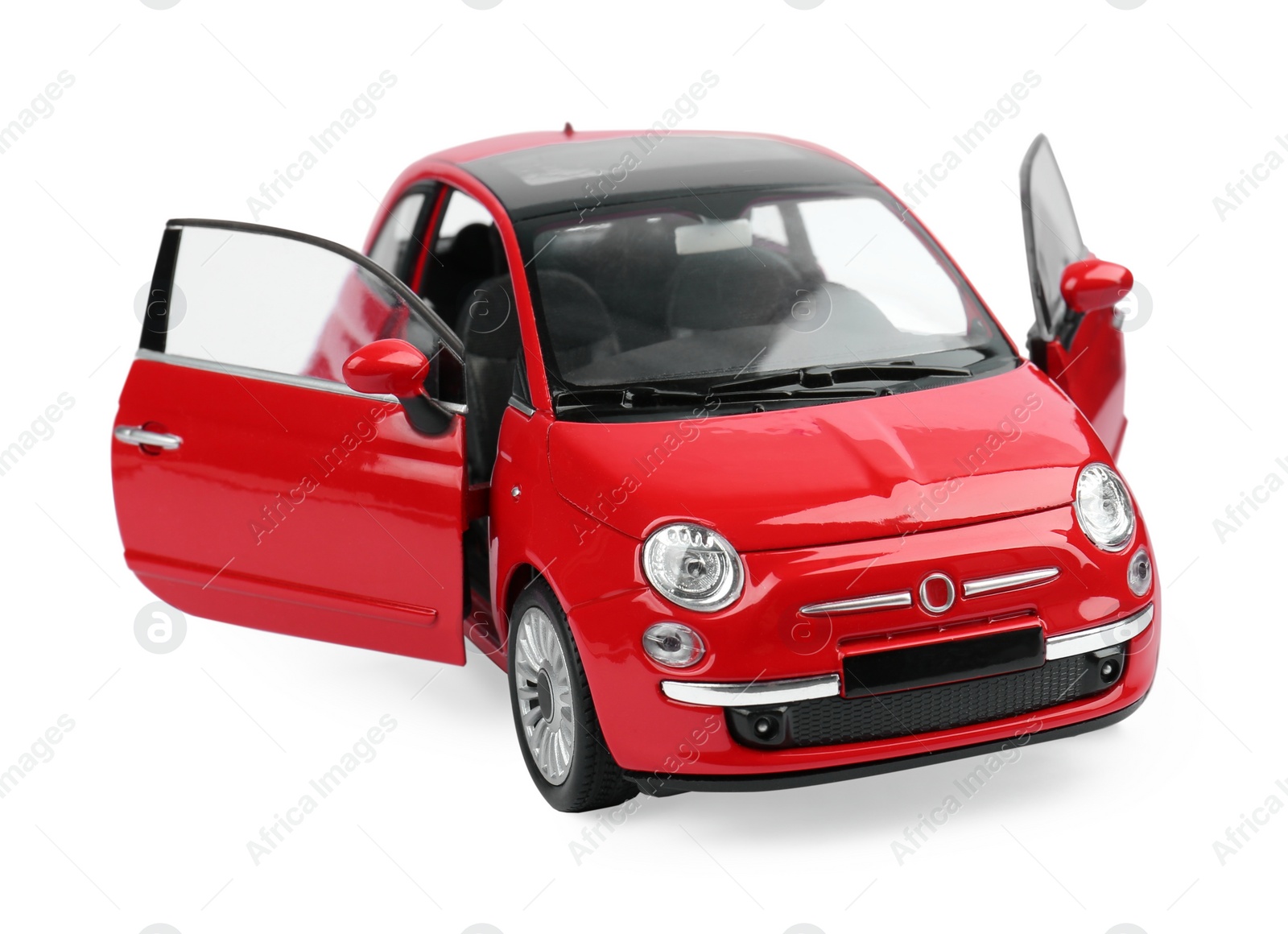 Photo of Red car isolated on white. Children's toy