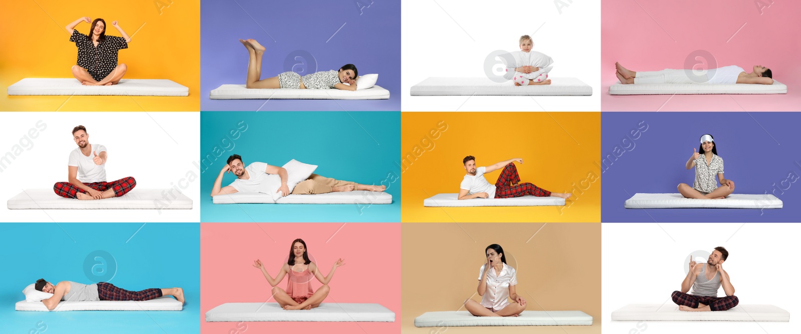 Image of Collage with photos of people on soft comfortable mattresses on different color backgrounds