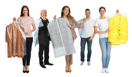 Image of Collage with photos of people holding clothes in plastic bags on white background. Dry-cleaning service