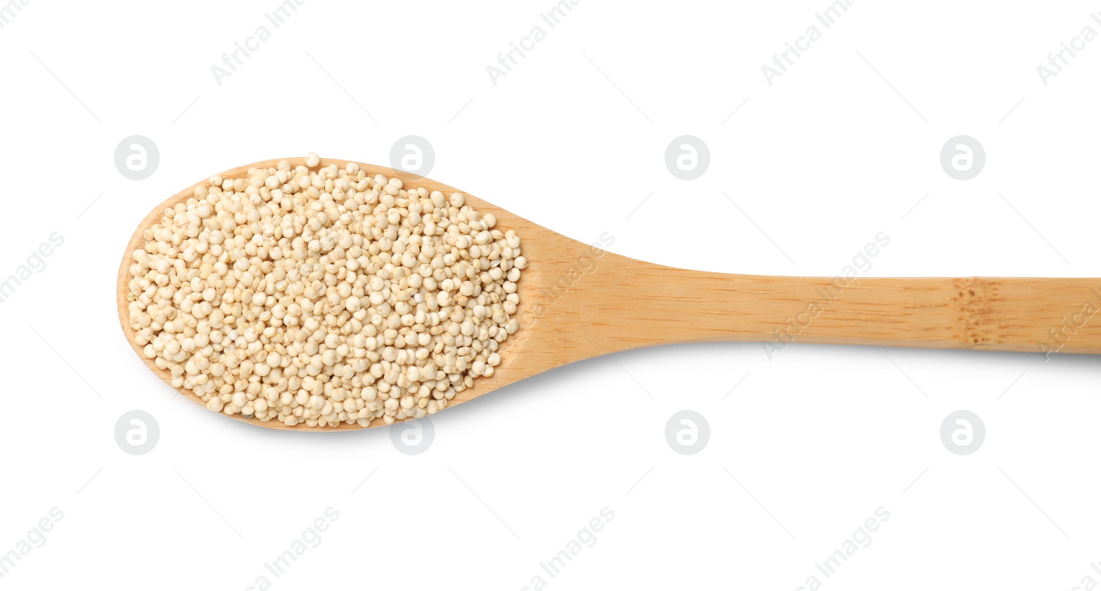 Photo of Wooden spoon with raw quinoa isolated on white, top view
