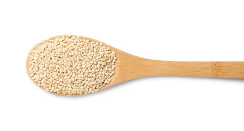 Photo of Wooden spoon with raw quinoa isolated on white, top view