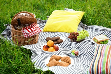 Picnic blanket with different snacks on green grass