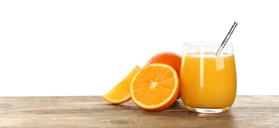 Photo of Delicious orange juice and fresh fruits on wooden table against white background. Space for text