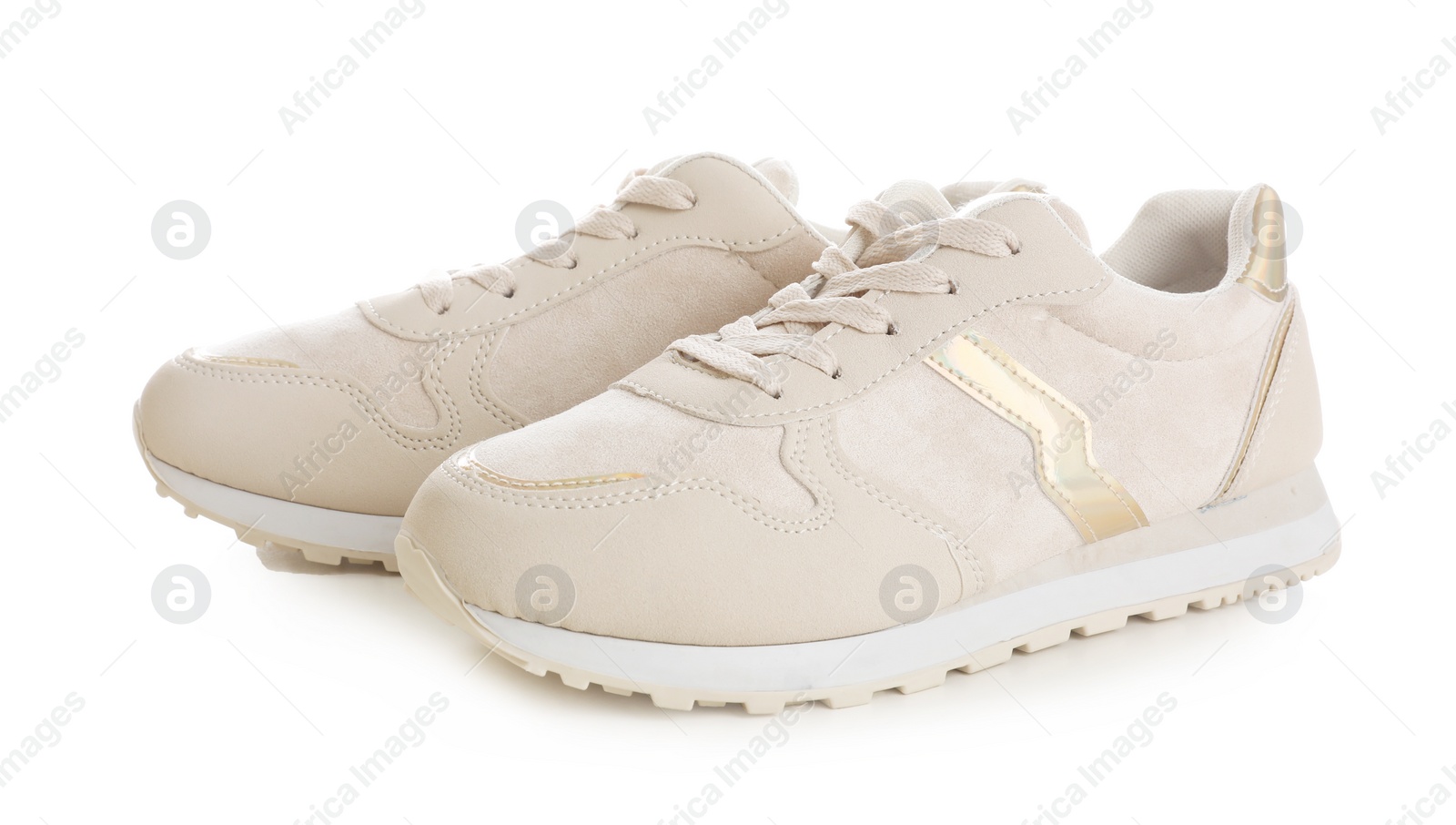 Photo of Pair of stylish shoes on white background