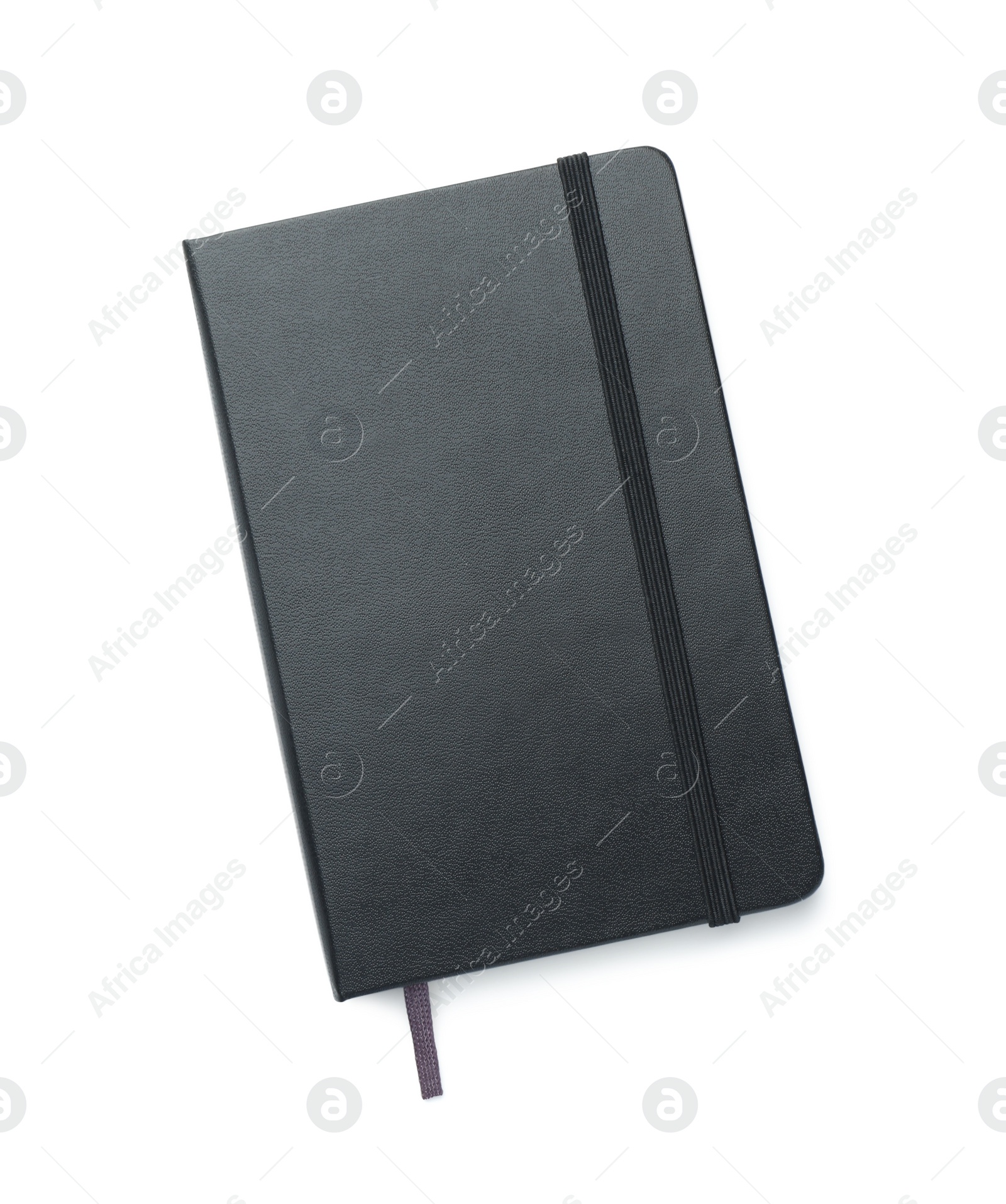 Photo of Closed notebook with blank black cover isolated on white, top view