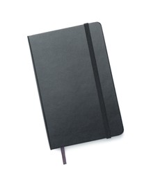 Photo of Closed notebook with blank black cover isolated on white, top view