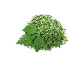 Photo of Heap of dried parsley and fresh leaf isolated on white, top view