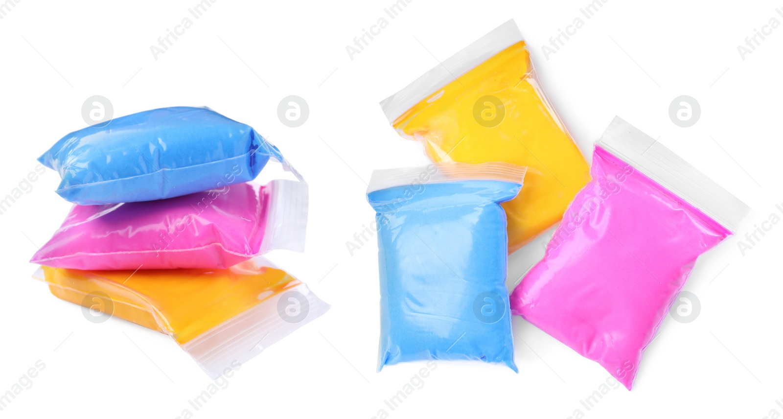 Image of Packages of different colorful plasticine on white background, collage. Banner design