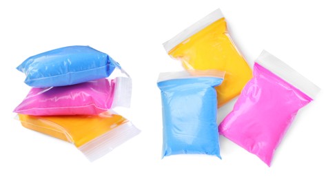 Image of Packages of different colorful plasticine on white background, collage. Banner design