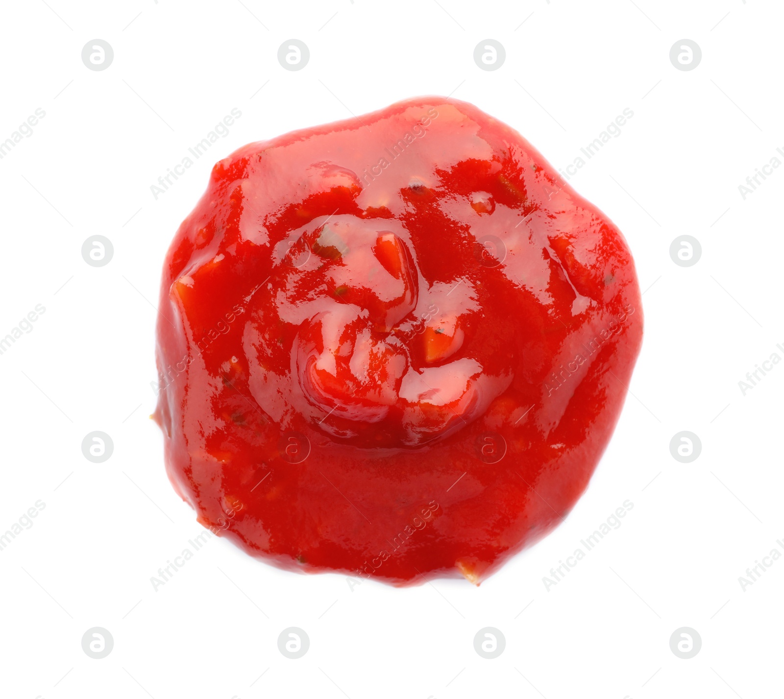 Photo of Tasty spicy chili sauce on white background, top view