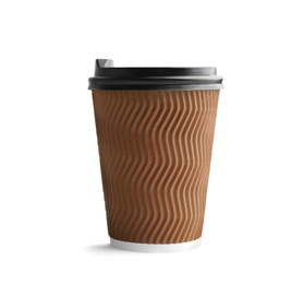 Photo of Takeaway paper coffee cup with lid on white background. Space for text