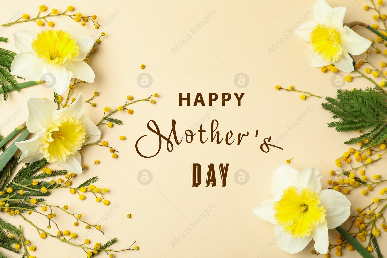 Image of Flat lay composition with beautiful spring flowers and phrase HAPPY MOTHER'S DAY on beige background