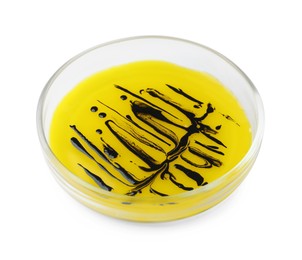 Photo of Petri dish with bacteria colony isolated on white