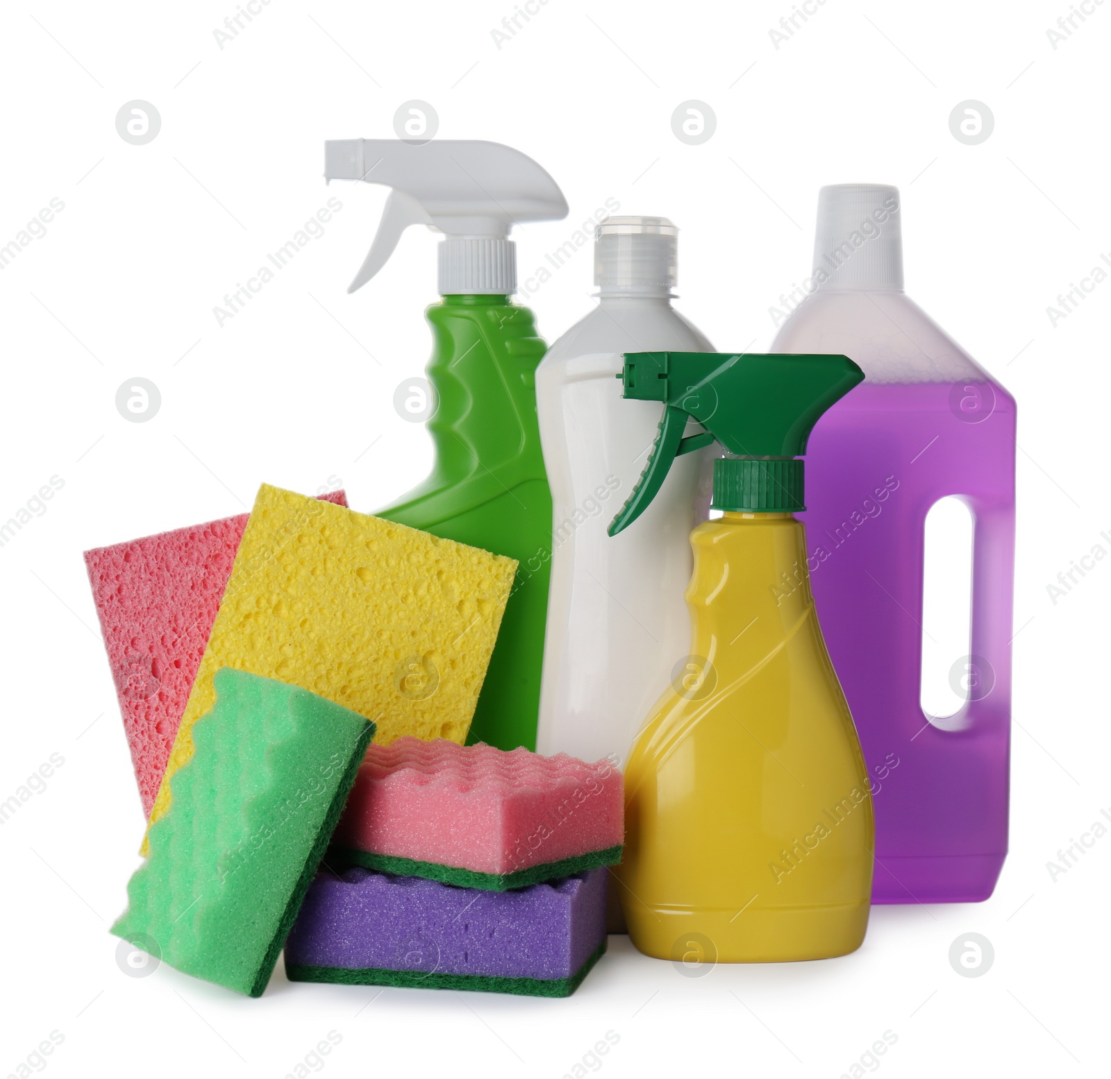 Photo of Set of different cleaning supplies and sponges on white background