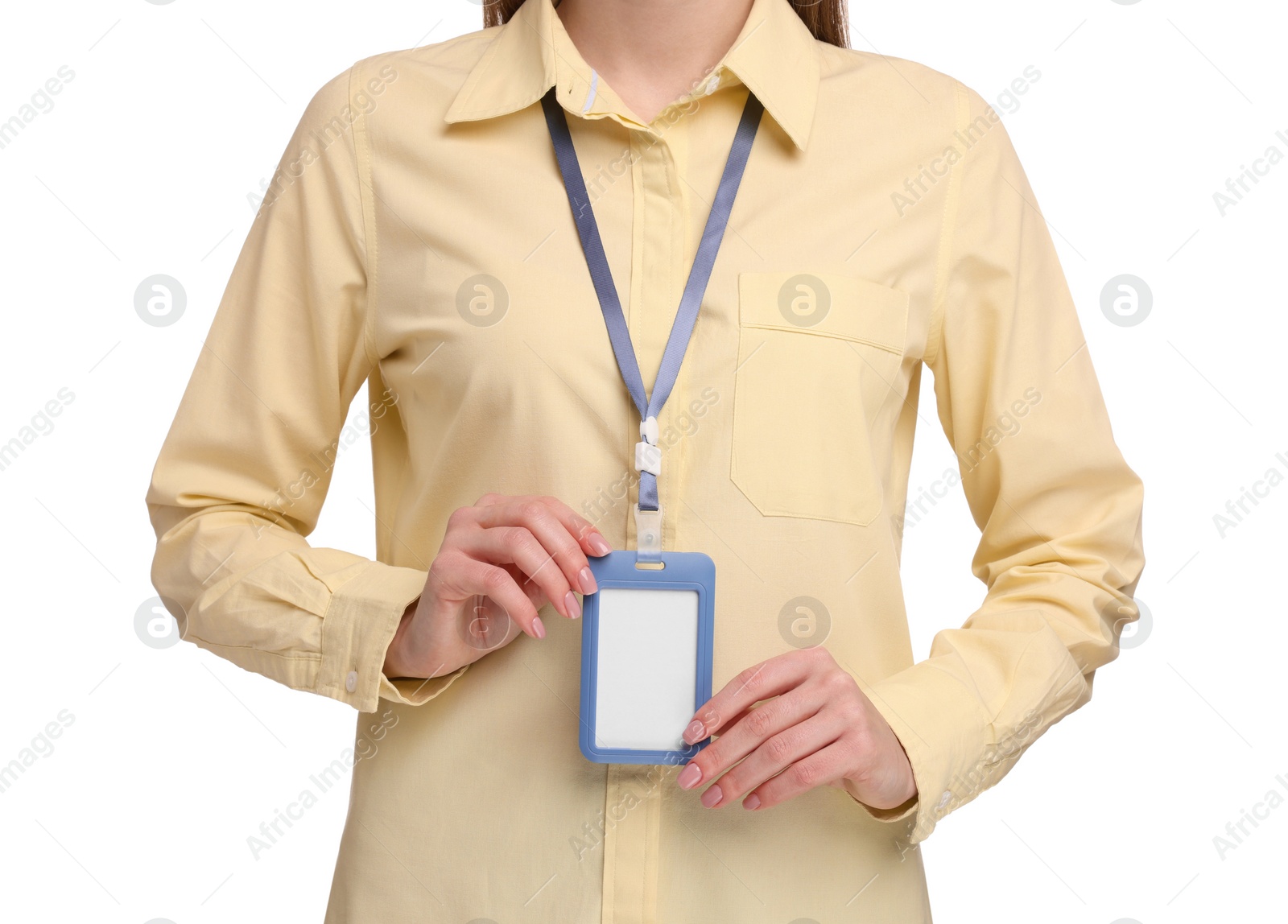 Photo of Woman with blank badge on white background, closeup