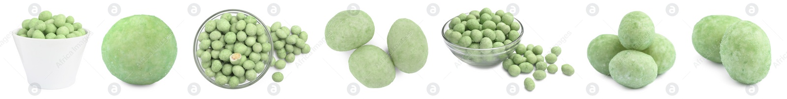 Image of Set with spicy wasabi coated peanuts on white background. Banner design