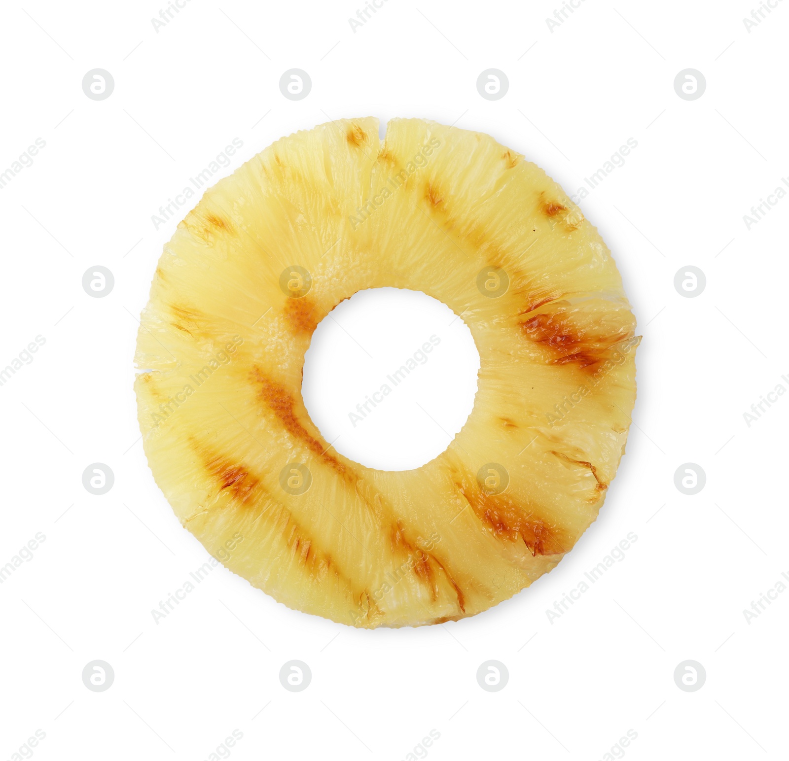 Photo of One slice of tasty grilled pineapple isolated on white, top view