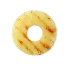 Photo of One slice of tasty grilled pineapple isolated on white, top view