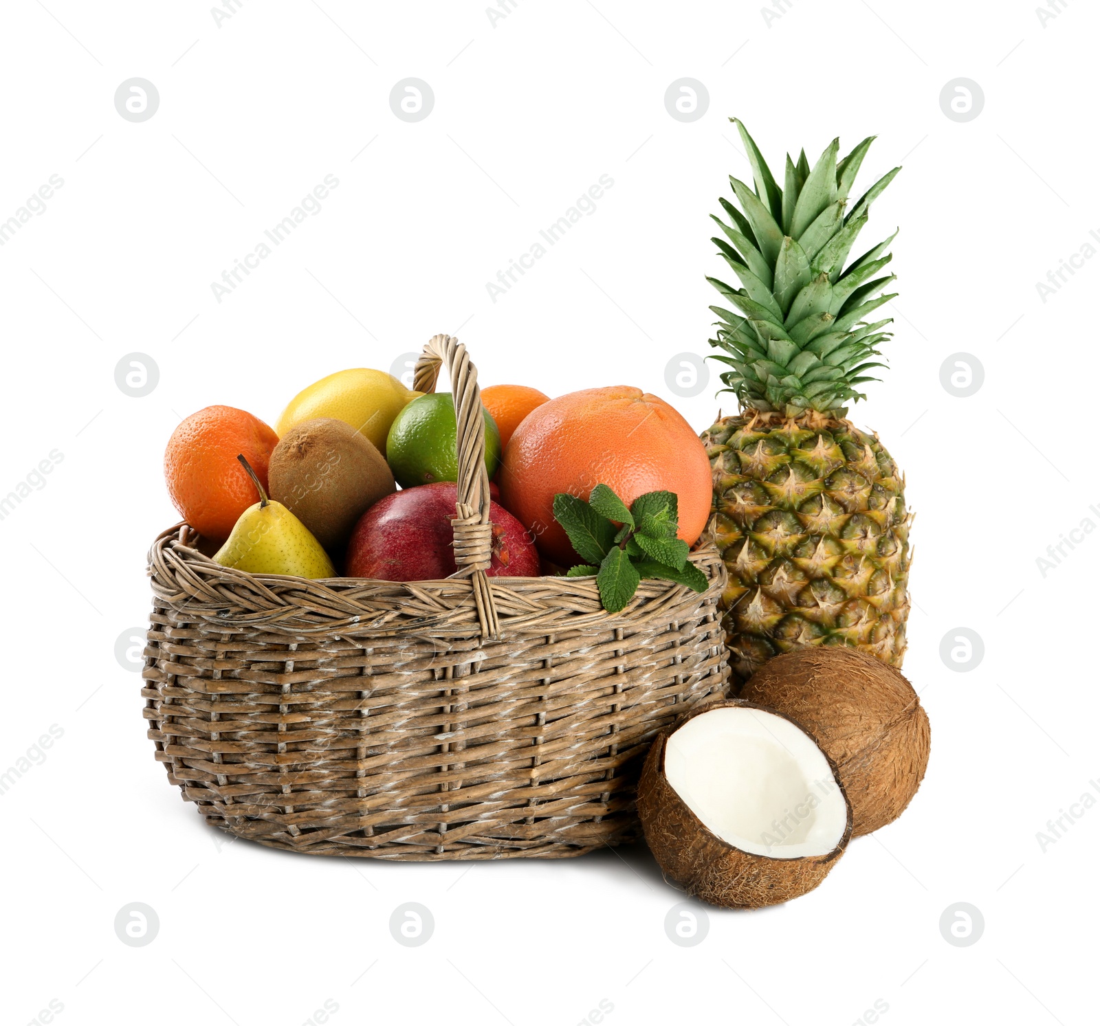 Photo of Fresh ripe fruits and wicker basket on white background