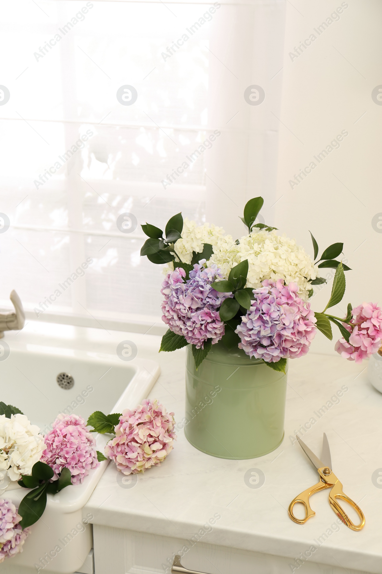 Photo of Bouquet with beautiful hydrangea flowers in can and scissors on light countertop