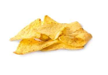 Tasty Mexican nachos chips on white background