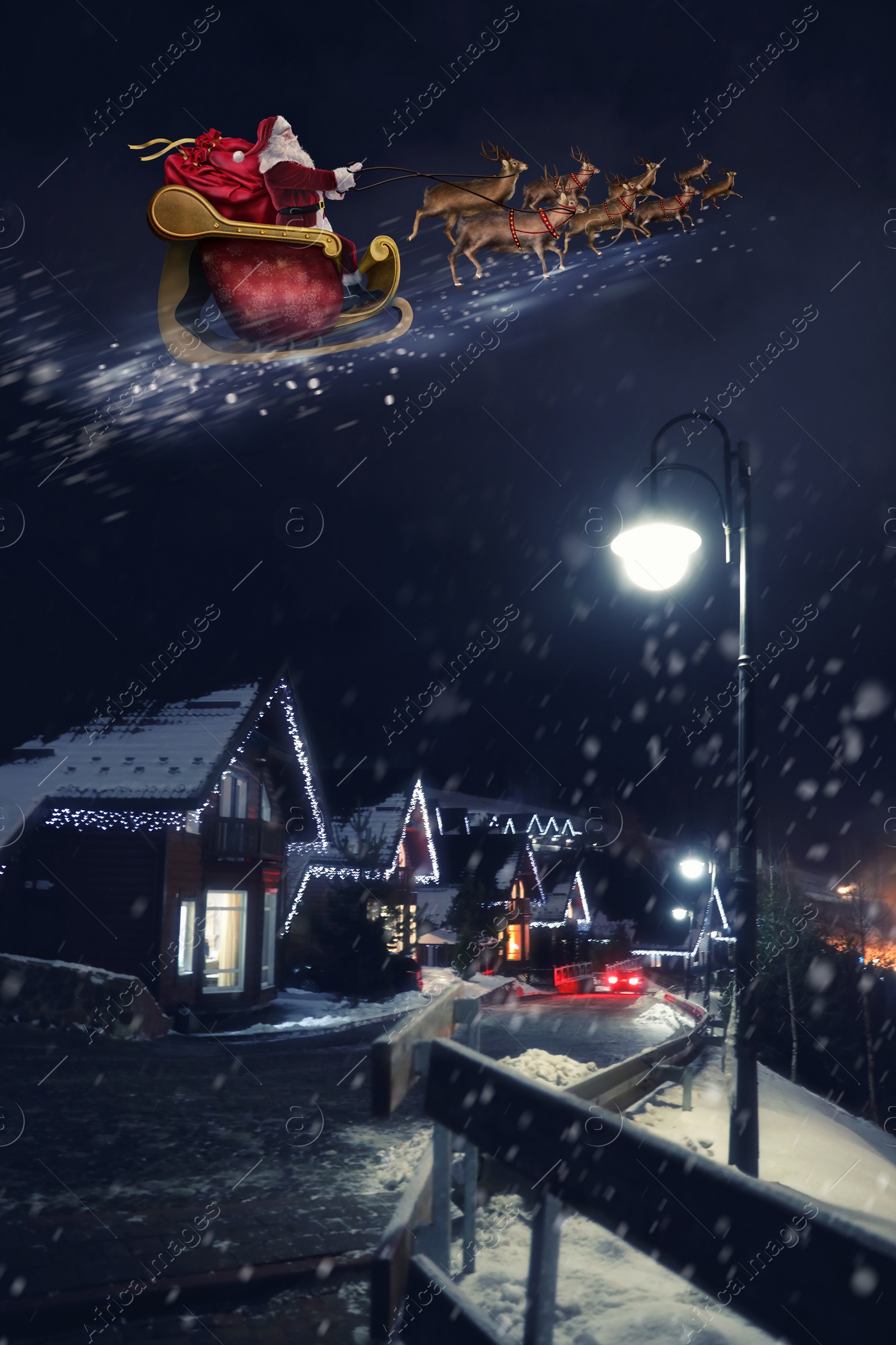 Image of Magic Christmas eve. Santa with reindeers flying in sky