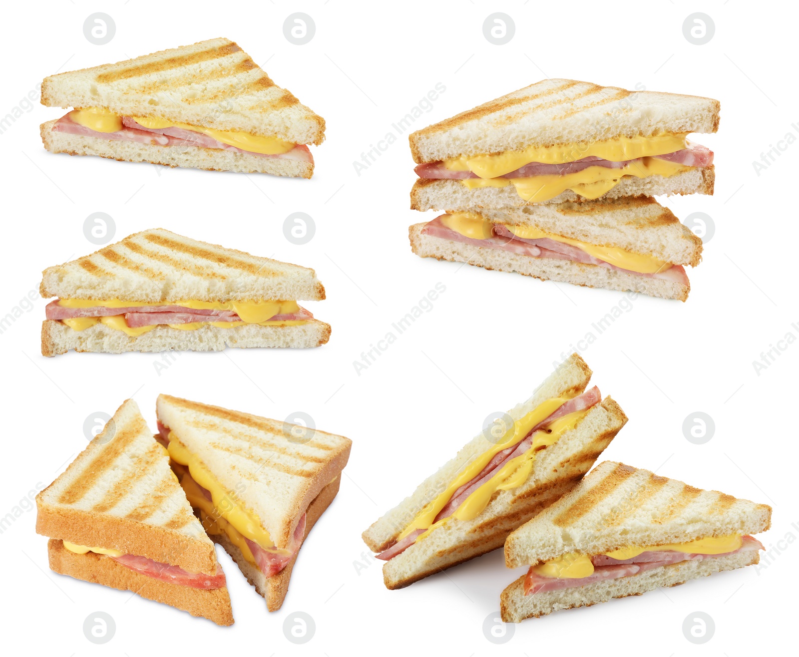 Image of Tasty grilled sandwiches with ham and melted cheese isolated on white, collection